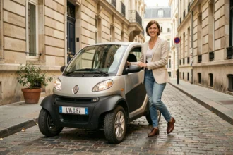 Femme sortant d'une voiture sans permis Renault garée dans une rue pavée française