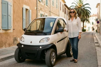Femme souriante à côté d'une voiture sans permis électrique dans une rue de Toulon avec bâtiments provençaux en arrière-plan