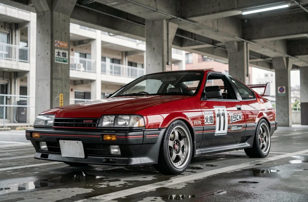 Toyota AE86 Levin avec phares fixes rectangulaires garé dans un parking urbain japonais, vue arrière trois-quarts révélant les différences stylistiques avec le Trueno